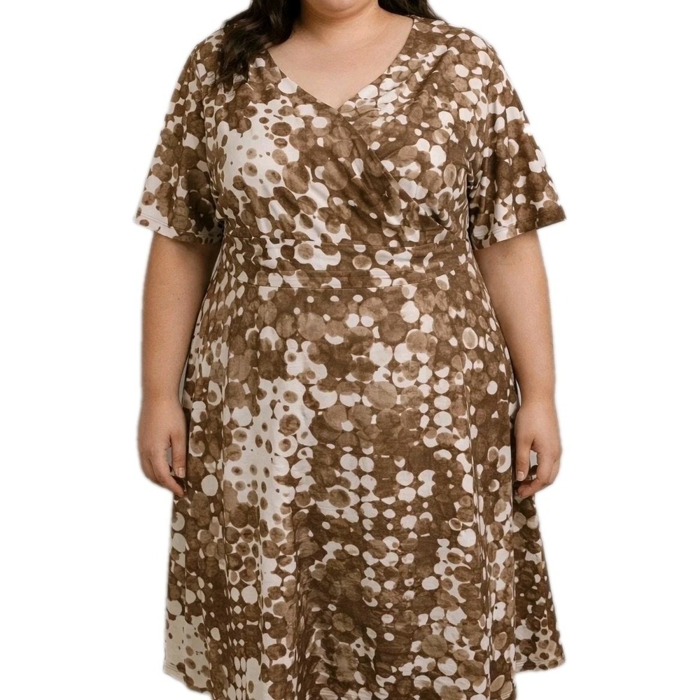 DANA KAY Size 20W Brown Polka Dot Queen Anne Fit & Flare Pleated Office Dress
